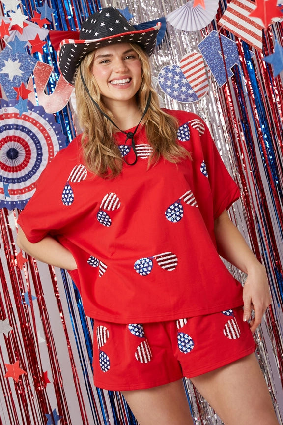 Wholesale Independence Day Top Sequined Pants Suit Short Sleeve Two Piece Set